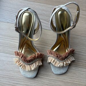 Ankle-Strap Heels with Beige and Brown Fringe